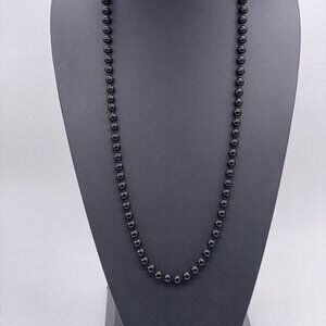 Black Glass Beaded Necklace Knotted Shiny Continuous 32"